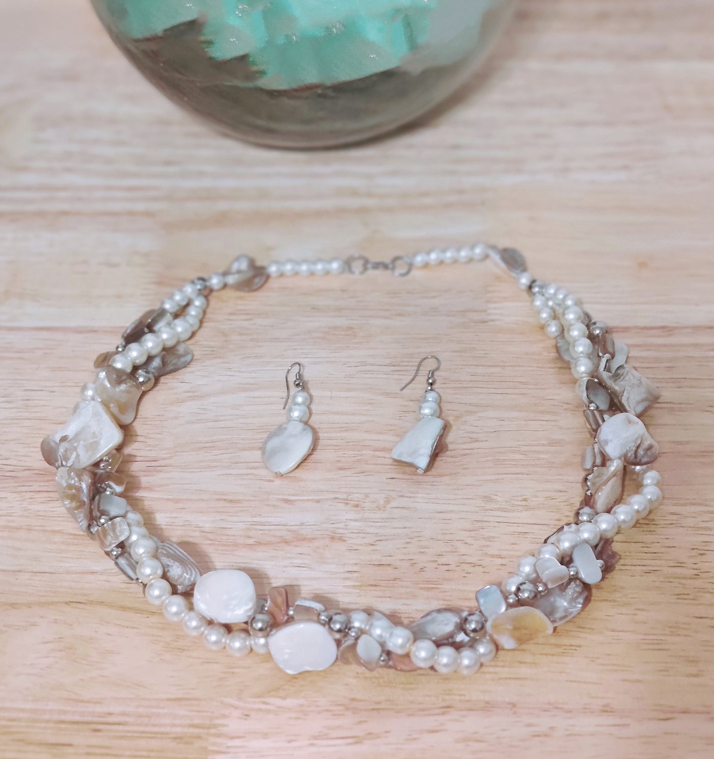 Ariel and the Sea Blue-Gray Seed Beaded Necklace & Earrings